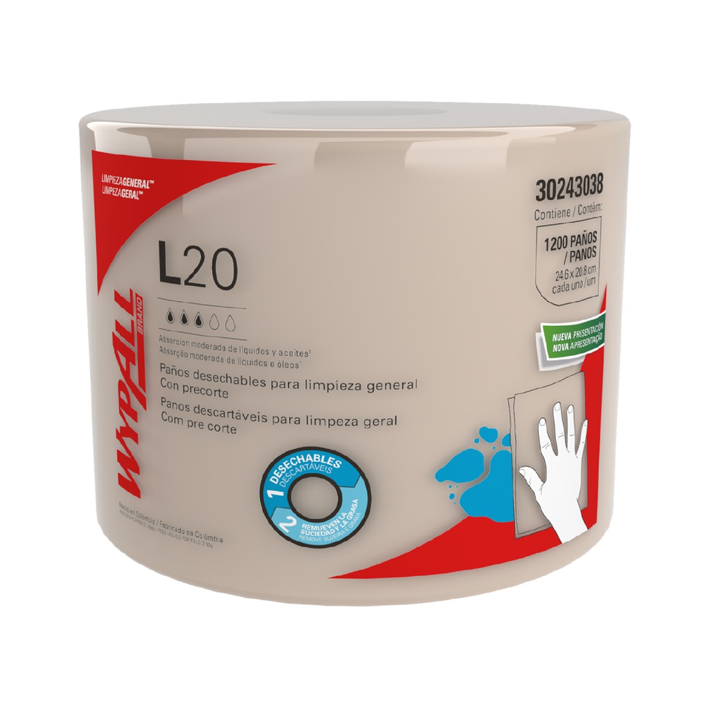 WYPALL L-20 LIMPION PRECORTADO AIRFLEX ROLLO X 2.200 PAÑOS/550MTS (25CM X 22,5CM) REF: 30210798/30243118/30221719                                                                                       